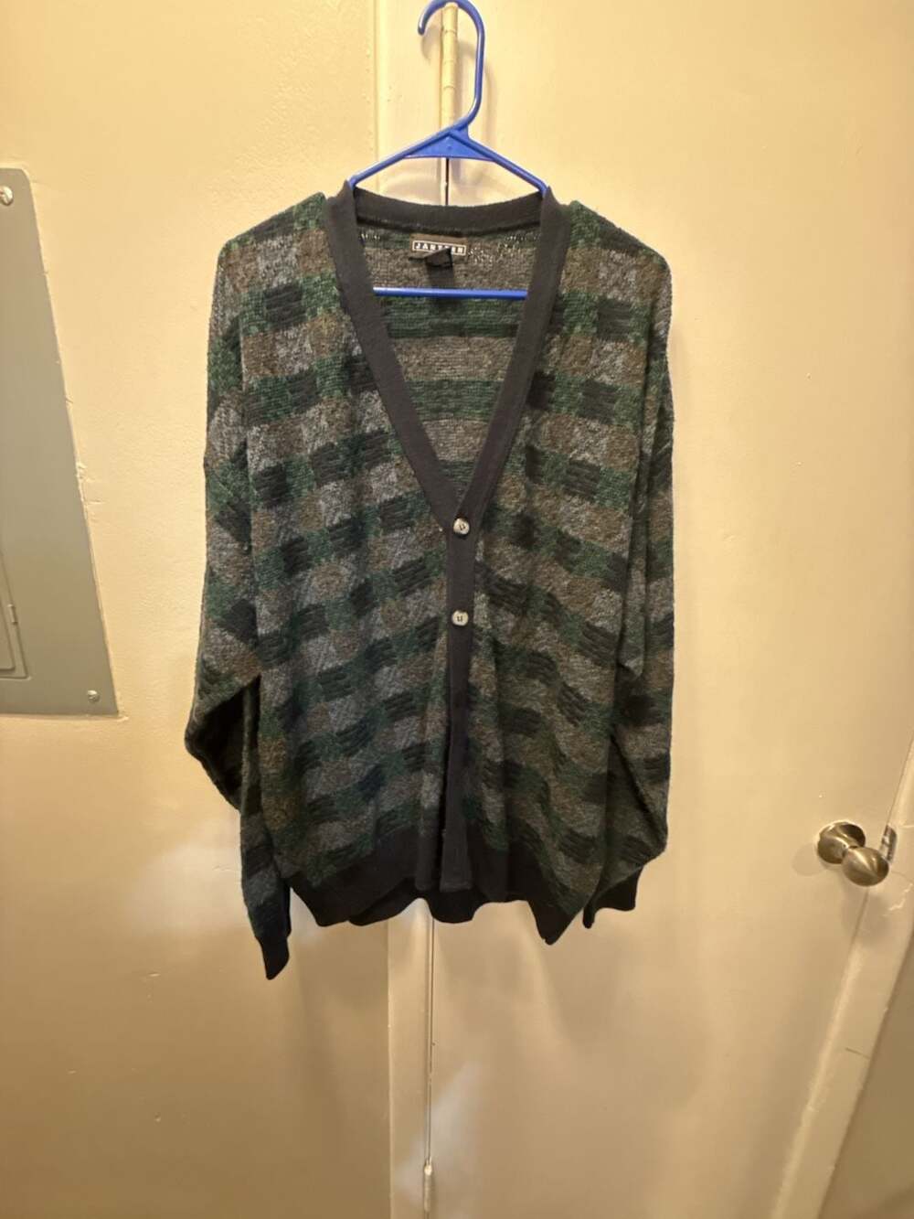 Jantzen Cardigan Sweater Size XL Green Checkered Pattern Acrylic